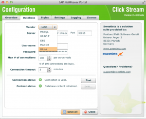 SAP HANA database connection details within Click Stream configuration wizard