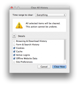 Firefox settings for clearing cookies