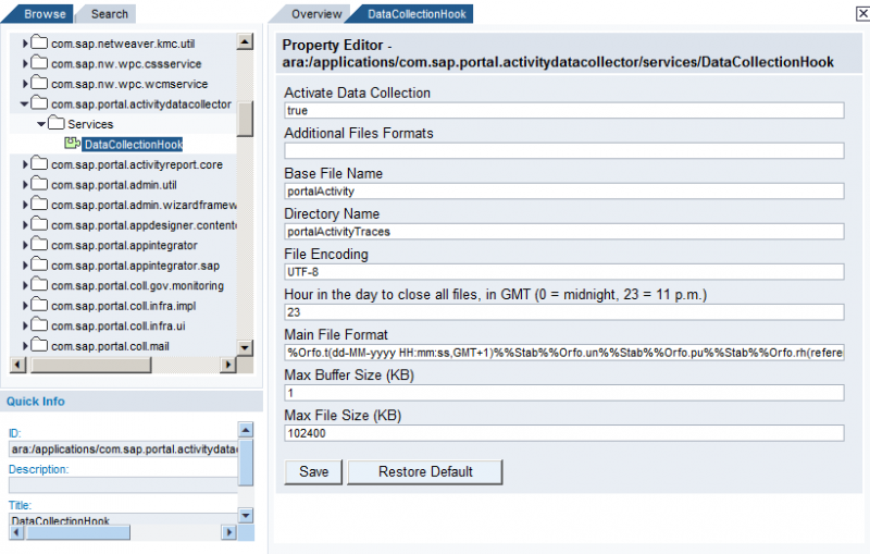 Activity Data Collector Properties on NW 7.0 Portal