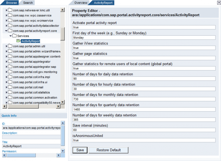 SAP Portal Activity Report Properties on NW 7.0 Portal