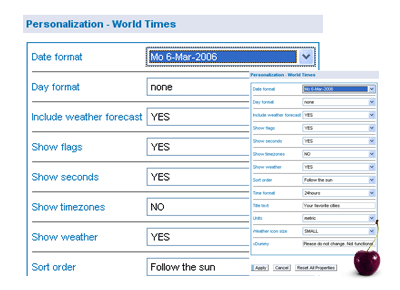 date/time/temperature choice, toggle on and off weather/time/day/links